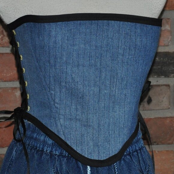NEW Reversible Lace-up, Bustier Corset, Sunflowers Apples & Denim Upcycled   M - Picture 2 of 9